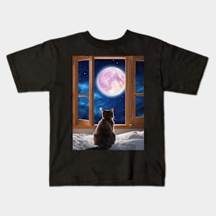 Cute Full Moon Night Sky Cat Looking Out Window Kids T-Shirt